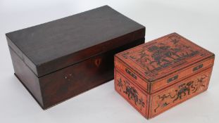 19th CENTURY PLAIN MAHOGANY BOX with hinged cover and inlaid escutcheon, 12" x 7" (30.5 x 17.8cm)