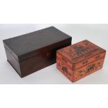 19th CENTURY PLAIN MAHOGANY BOX with hinged cover and inlaid escutcheon, 12" x 7" (30.5 x 17.8cm)