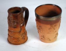 PROBABLY DOULTON LAMBETH, SALT GLAZED POTTERY BEAKER VASE WITH SILVER COLLAR, typically decorated