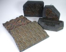 FIVE WOODEN AND WIRE TEXTILE PRINTING BLOCKS comprising a lion and text (5)