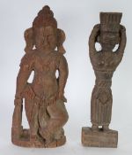 INDIAN CARVED WOOD FLAT-BACK FIGURE modelled standing, together with another, similar FIGURE