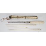 JAPANESE EARLY TWENTIETH CENTURY BONE TRAVELLING PICNIC SET/TROUSSE, the case with incised and black