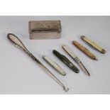 BUTTON HOOK with silver handle; SMALL PENKNIFE with silver blade, mother o'pearl handle, Sheffield