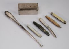 BUTTON HOOK with silver handle; SMALL PENKNIFE with silver blade, mother o'pearl handle, Sheffield