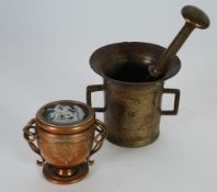 LATE 19th/EARLY 20th CENTURY COPPER INKSTAND of two handled pedestal form, the lift-up cover inset