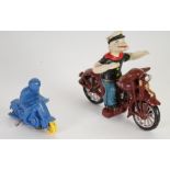 A SELECTION OF BRITAINS, J. HILL AND CO. AND OTHER PAINTED LEAD MOTORCYCLES with side cars, two with