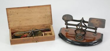 PAIR EARLY 20TH CENTURY APOTHECARIES STEEL AND BRASS PORTABLE SCALES in fitted box with set of