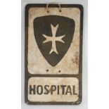 CAST IRON 'HOSPITAL' TRAM SIGN, black shield with relief white cross, with age but good condition