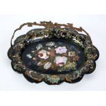 VICTORIAN BLACK LACQUERED GILT DECORATED AND MOTHER O'PEARL INLAID OVAL SWING HANDLE CAKE BASKET,