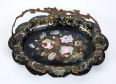 VICTORIAN BLACK LACQUERED GILT DECORATED AND MOTHER O'PEARL INLAID OVAL SWING HANDLE CAKE BASKET,