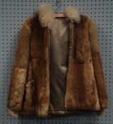 LADY'S CONEY FUR BOMBER JACKET, with hood having long white wool trim and a LONG DARK BROWN FULL FOX