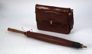 A 1930's CAIMAN LEATHER LADY'S HANDBAG, also a South East Asian PARASOL (2)