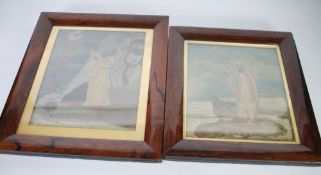 NEAR PAIR OF EARLY 19th CENTURY HAND WORKED SILK PANELS, both worked in coloured threads with