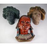 THREE MODERN COMPOSITION WALL POCKETS AND AFRICAN STYLE MASK (3)