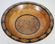 B. M. LIVESEY, TURNED BLONDE WOOD BOWL of shallow form, decorated in pen and wash, the exterior with