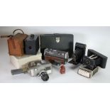 CORONET 'MIDGET' 16mm CAMERA WITH BLACK VEINED RED BAKELITE CASE (as found) together with a BELL &