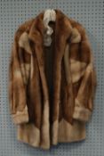 LADIES PASTEL AND PEARL MINK 3/4 LENGTH FUR COAT AND AN OKAPI ENGLAND LADIES RED STAINED LEATHER AND