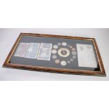 SMALL FRAMED COLLECTION OF NINETEENTH CENTURY AND LATER COINS/TWENTIETH CENTURY BANKNOTES, to