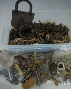 AN ASSORTMENT OF BYGONE KEYS, mainly for furniture, padlocks and boxes, TOGETHER WITH VARIOUS