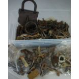 AN ASSORTMENT OF BYGONE KEYS, mainly for furniture, padlocks and boxes, TOGETHER WITH VARIOUS