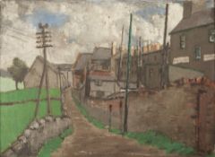 IVOR O'BRIEN (1918 - 2003) OIL PAINTING ON BOARD Country lane with rear of Victoria Hotel and