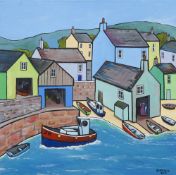 PAUL BURSALL ACRYLIC ON CANVAS 'Boat Sheds' Harbour scene, Signed and dated 2010 lower right 19 1/2"