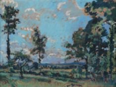 HARRY RUTHERFORD (1903 - 1985) OIL PAINTING ON BOARD Landscape with trees in the foreground Unsigned