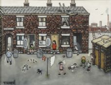 TERRY ALLEN (Stockport) OIL PAINTING ON CANVAS 'Foys Entry, Stockport' Signed lower left 13 1/4" x