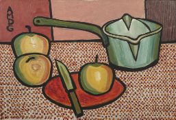 PETER RAE (Sale, Cheshire) OIL PAINTING ON BOARD Still life, fruit and utensils Signed with initials