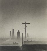 •TREVOR GRIMSHAW (1947 - 2001) PENCIL DRAWING 'Factories' Signed lower right and signed and titled