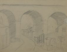 •ALAN LOWNDES (1921-1978) PENCIL DRAWING ON GREY PAPER 'Stockport Viaduct' Signed lower right 8 1/4"