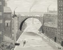 PAUL KELLY MONOCHROME OIL PAINTING ON BOARD 'Boating on the Mersey, Stockport' Monogrammed lower