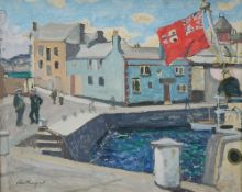 HARRY RUTHERFORD (1903 - 1983) OIL PAINTING ON BOARD 'Blue harbour with red flag' Signed lower