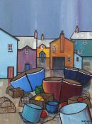 PAUL BURSALL ACRYLIC ON CANVAS 'Yellow Bucket' Harbour scene with boats and low tide Signed and