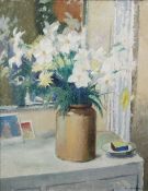HARRY RUTHERFORD (1903 - 1983) OIL PAINTING ON CANVAS 'Flowers in a Jam Jar', white flowers in a