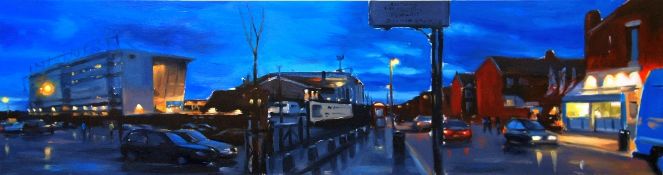 •LIAM SPENCER (b.1964) OIL PAINTING ON BOARD 'Maine Road ' Manchester City's former football stadium