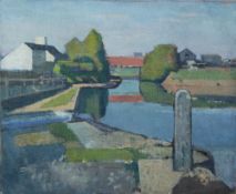 HARRY RUTHERFORD (1903 - 1983) OIL PAINTING ON CANVAS 'Canal Lock' with buildings Unsigned 18" x 22"