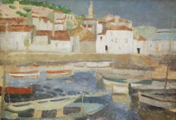 HARRY RUTHERFORD (1903 - 1985) OIL PAINTING ON BOARD 'Harbour and houses, Vigo, Spain' 13" x 18 1/2"