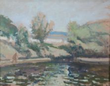 HARRY RUTHERFORD (1903 - 1985) OIL PAINTING ON PANEL Landscape with lake in the foreground, figure