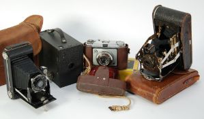 HARRY RUTHERFORD'S CAMERAS - Kodak No 2A Brownie box camera, in canvas case; Kodak No 1A bellows