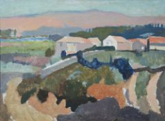 HARRY RUTHERFORD (1903 - 1983) OIL PAINTING ON BOARD Continental landscape with village Unsigned 18"