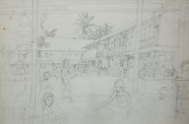 HARRY RUTHERFORD (1903 - 1985) PENCIL DRAWING Crowded town square, Borneo 13 1/2" x 20 1/2" (34.5