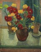 HARRY RUTHERFORD (1903 - 1983) OIL PAINTING ON CANVAS Still life - jug of red and yellow flowers and