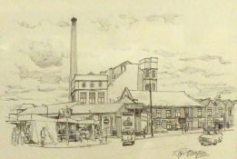 •ROGER HAMPSON BALLPOINT PEN DRAWING 'Bolton Market, Moor Lane' with mill and factory chimney in the