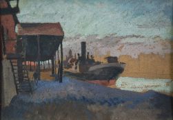 HARRY RUTHERFORD (1903 - 1983) OIL PAINTING ON BOARD Ship docked at sunset Unsigned 10 1/2" x 15" (