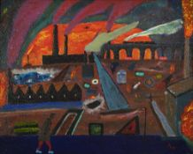 VINCENT DOTT OIL PAINTING ON BOARD 'Industrial Sunset' Signed lower right and labelled verso 16" x