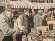 ROGER HAMPSON (1925 - 1996) OIL PAINTING ON CANVAS "Canned food stall: Hereford Market" Signed lower