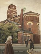 ROGER HAMPSON (1925-1996) OIL PAINTING ON BOARD 'Derelict Church, Ancoats' signed, No. 834 24" x 18"