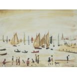 L.S. LOWRY LIMITED EDITION COLOUR PRINT, UNSIGNED Beach scene with figures and sailing boats Guild