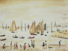 L.S. LOWRY LIMITED EDITION COLOUR PRINT, UNSIGNED Beach scene with figures and sailing boats Guild